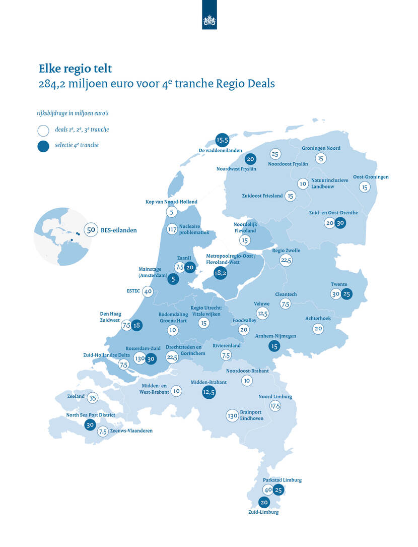 Landkaart met de Regio Deals uit de eerste drie tranches en de voorgenomen Regio Deals uit tranche 4